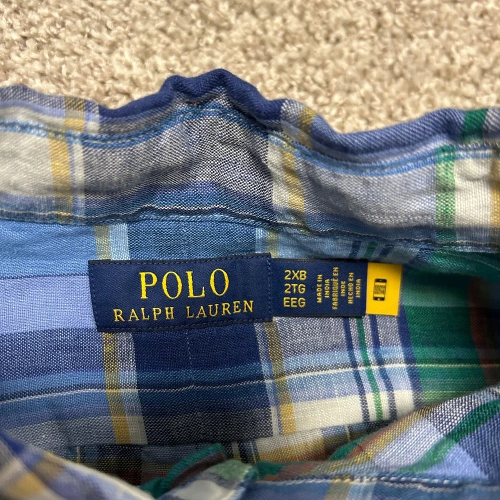 NWT Polo Ralph Lauren‎ Button Down Plaid Linen Shirt Men Size 2XB Blue Green